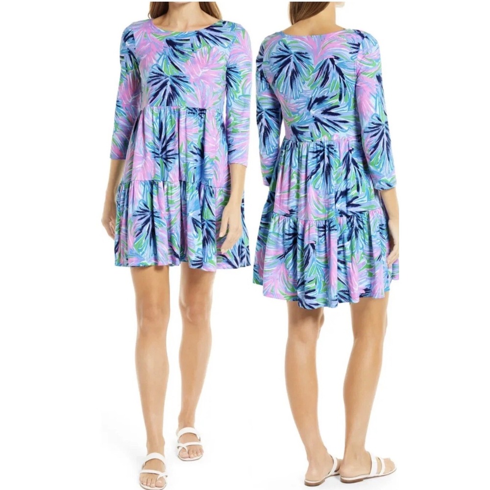 Lilly Pulitzer Geanna Swing Dress XXL Gecko Green Beach Bash Tiered Cotton